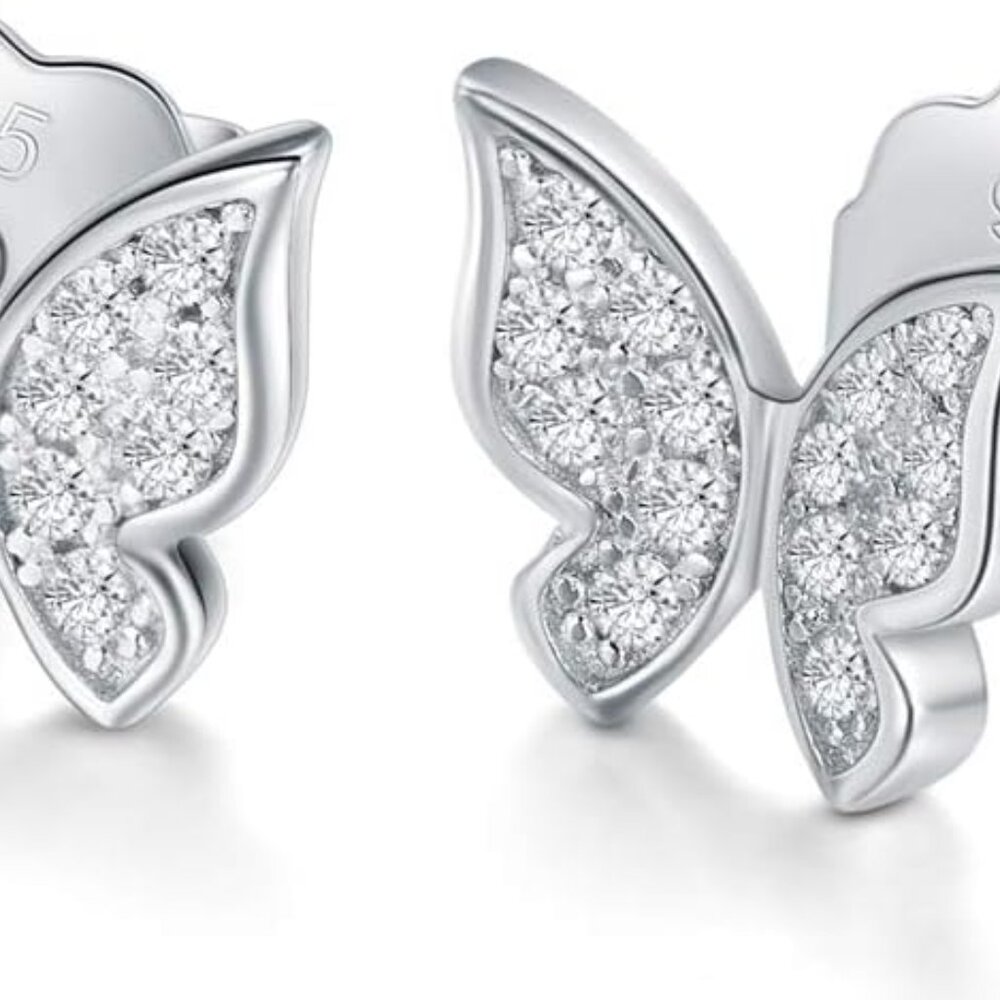 Solid 18K Gold Over 925 Sterling Silver Stud Earrings, Cubic Zirconia Butterfly